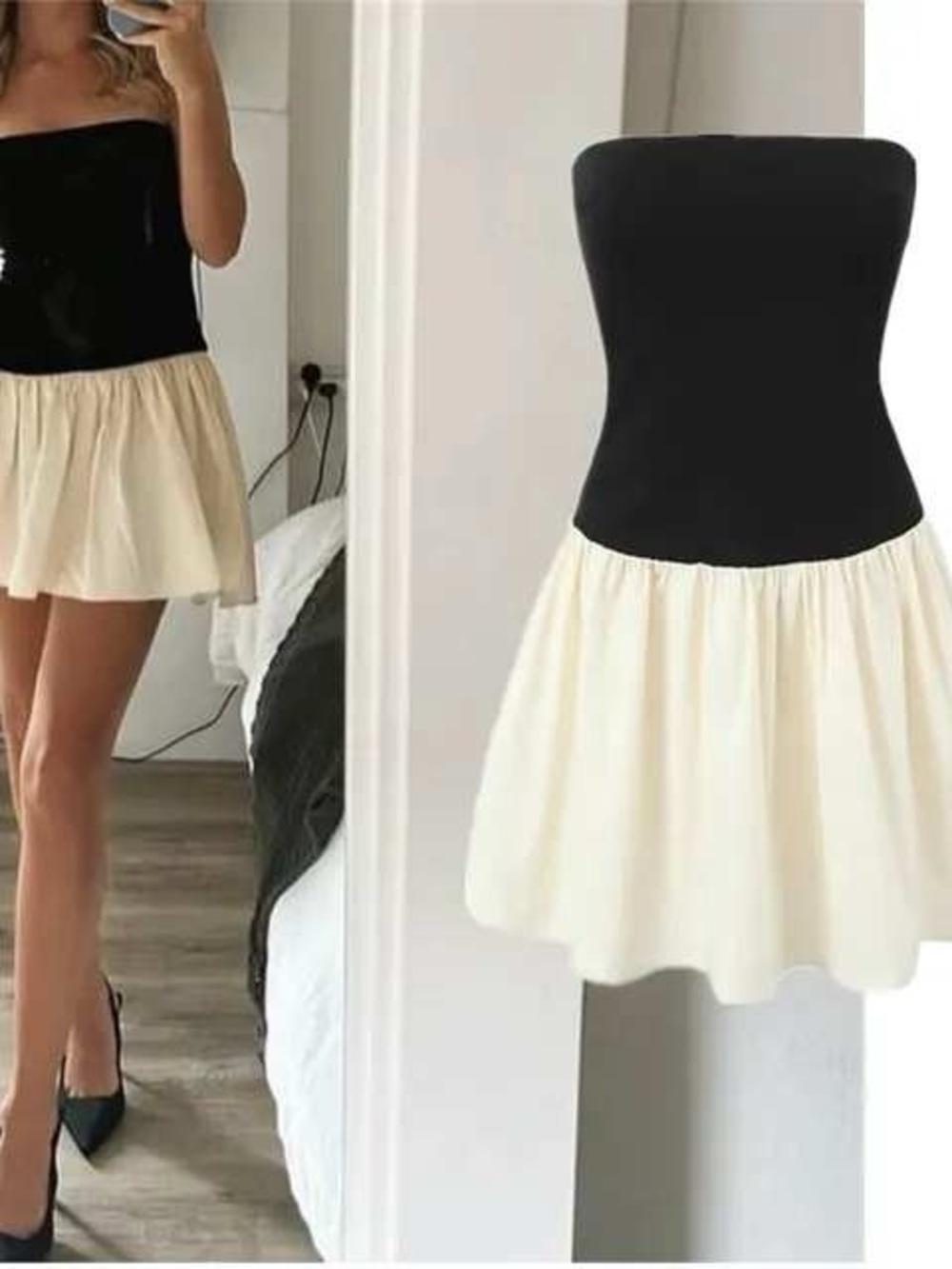 Commense Strapless Black and Cream Mini Dress